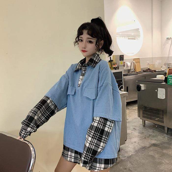 Camisas de mezclilla sueltas de dos piezas falsas de moda coreana para mujer-Kawaiifashion