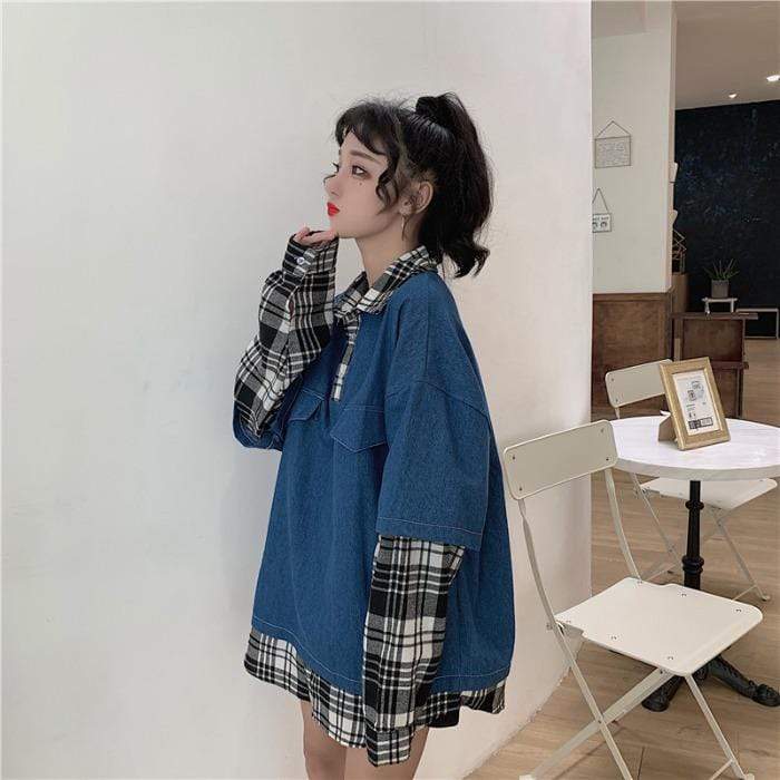 Mode coréenne des femmes faux chemises en denim lâche deux pièces-Kawaiifashion