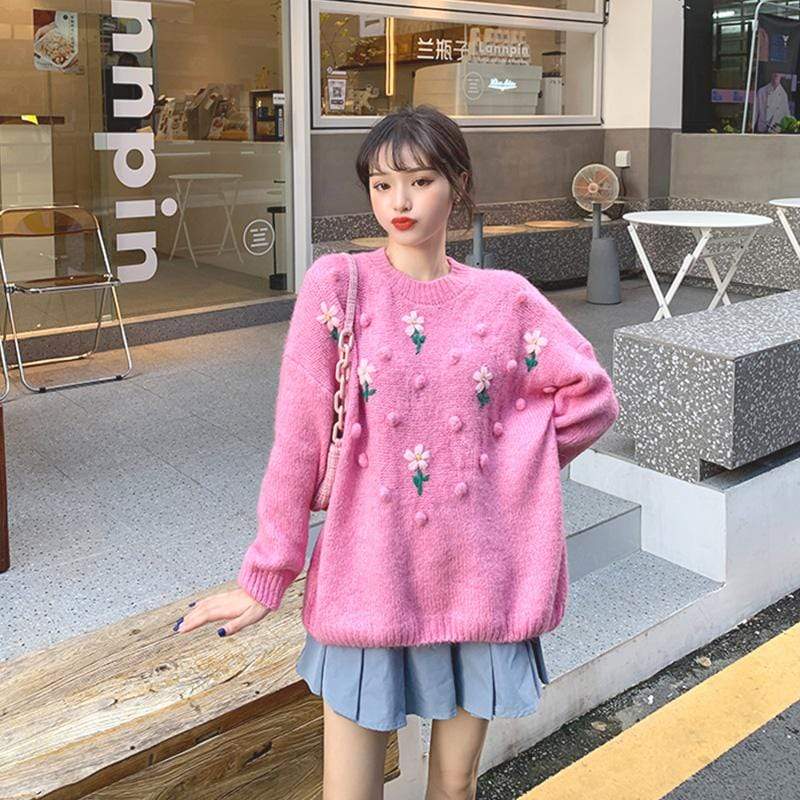 Kawaiifashion женские корейские модные свободные свитера с цветочным рисунком чистого цвета