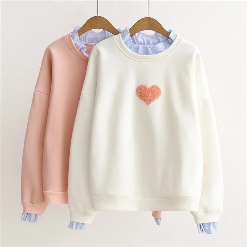 Kawaiifashion, suéteres sueltos de Color puro con costuras de corazones a la moda coreana para mujer, camisas empalmadas