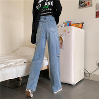 Jeans dritti strappati a vita alta moda coreana da donna