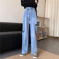 Women's Korean Fashion High-waisted Ripped Straight Jeans