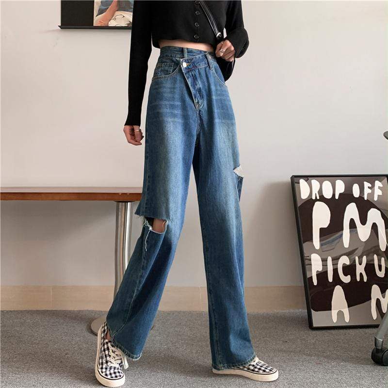 Jeans dritti strappati a vita alta moda coreana da donna