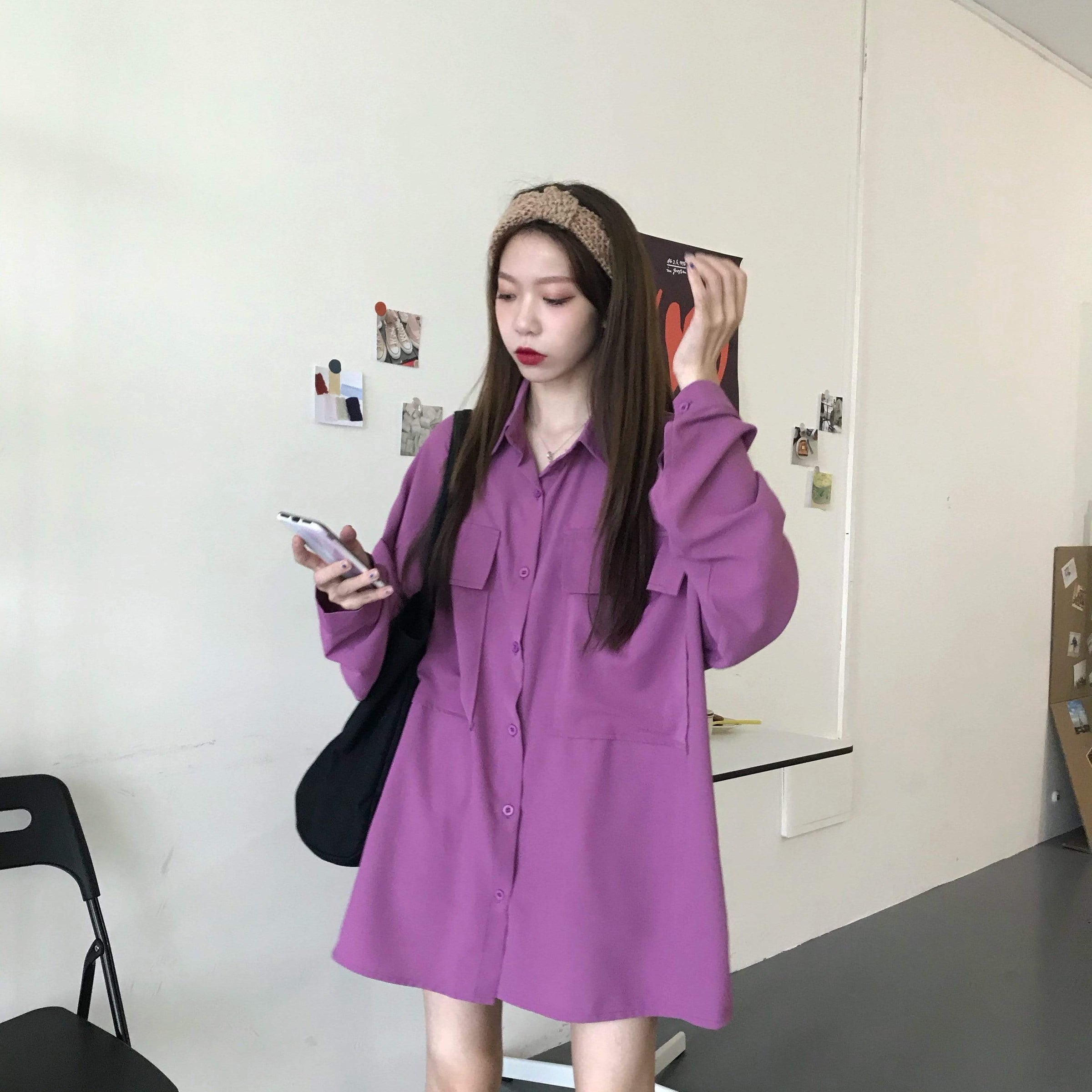Camisas largas de moda coreana para mujer con dos bolsillos grandes