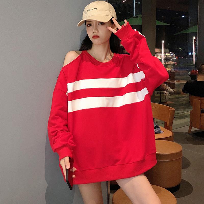 Women's Korean Fashion Off Shoulder Contrast Color Stripe Loose Sweaters