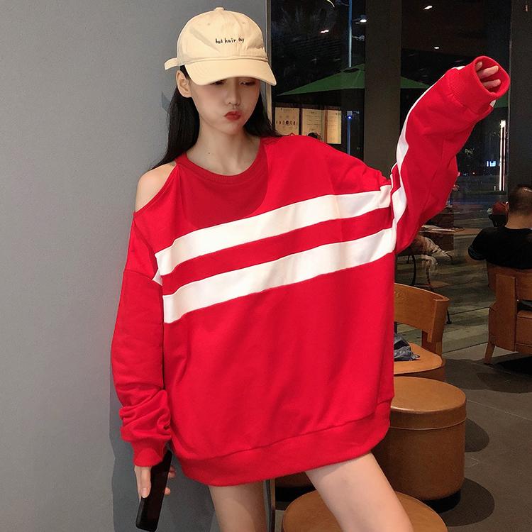 Women's Korean Fashion Off Shoulder Contrast Color Stripe Loose Sweaters