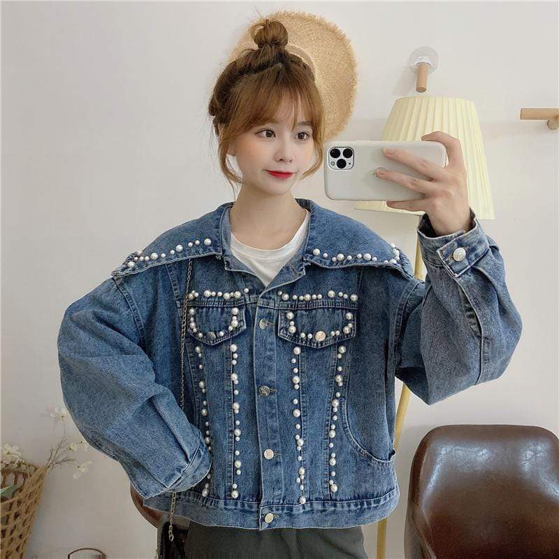 Женские корейские модные джинсовые пальто с воротником в стиле Питера Пэна с жемчужным краем
