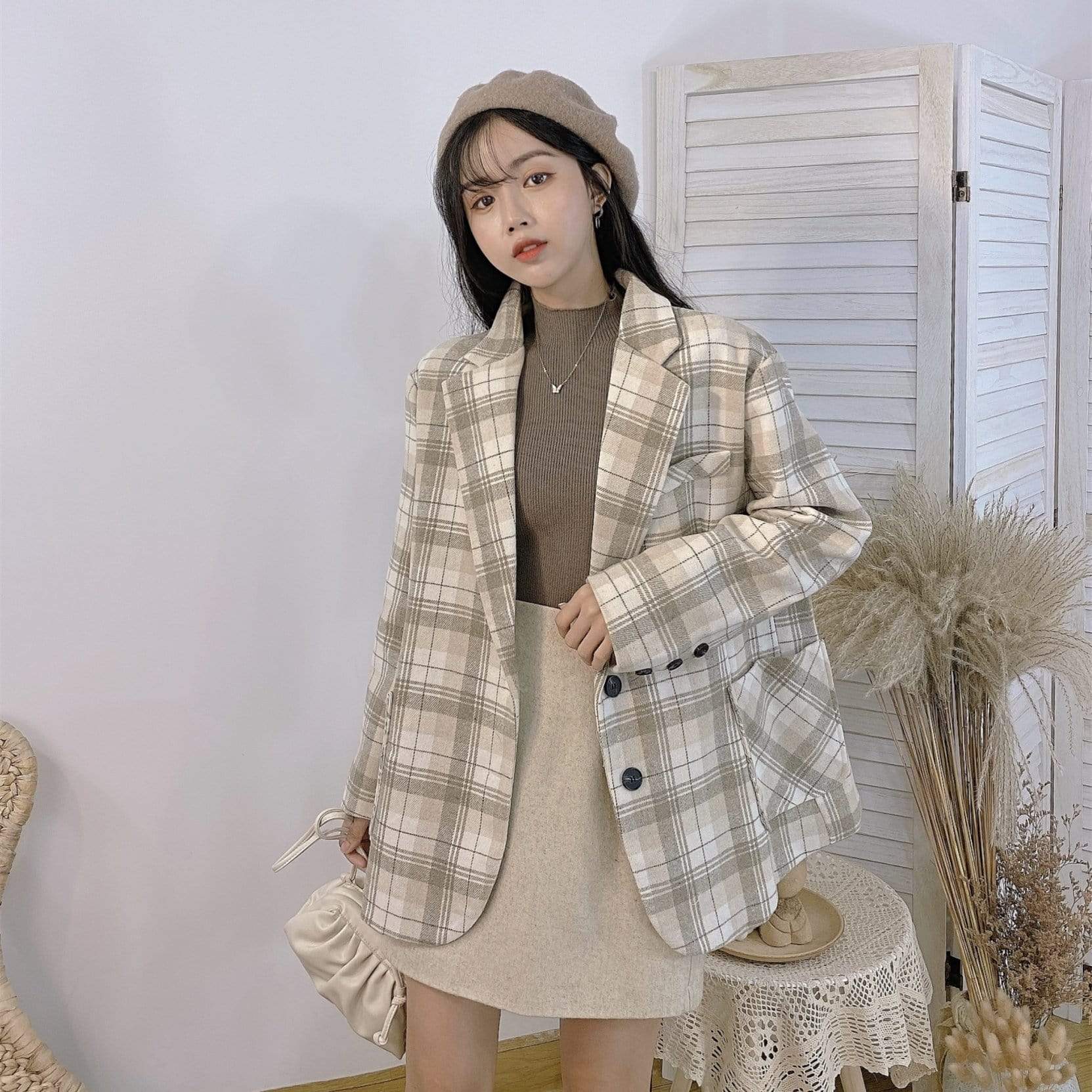 Manteaux à carreaux à la mode coréenne Kawaiifashion pour femmes avec deux poches