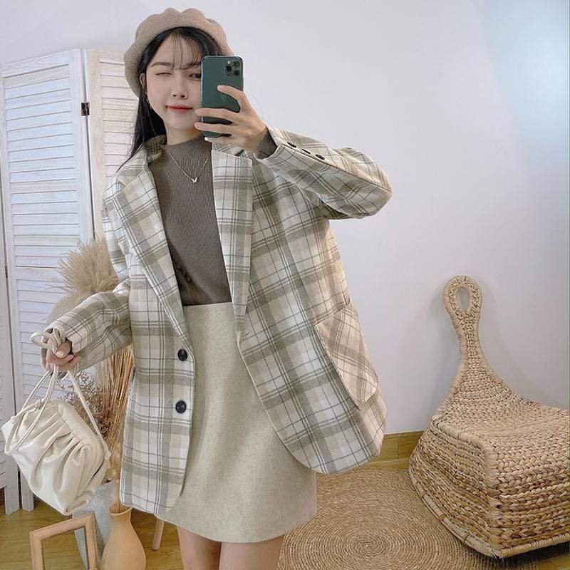 Manteaux à carreaux à la mode coréenne Kawaiifashion pour femmes avec deux poches