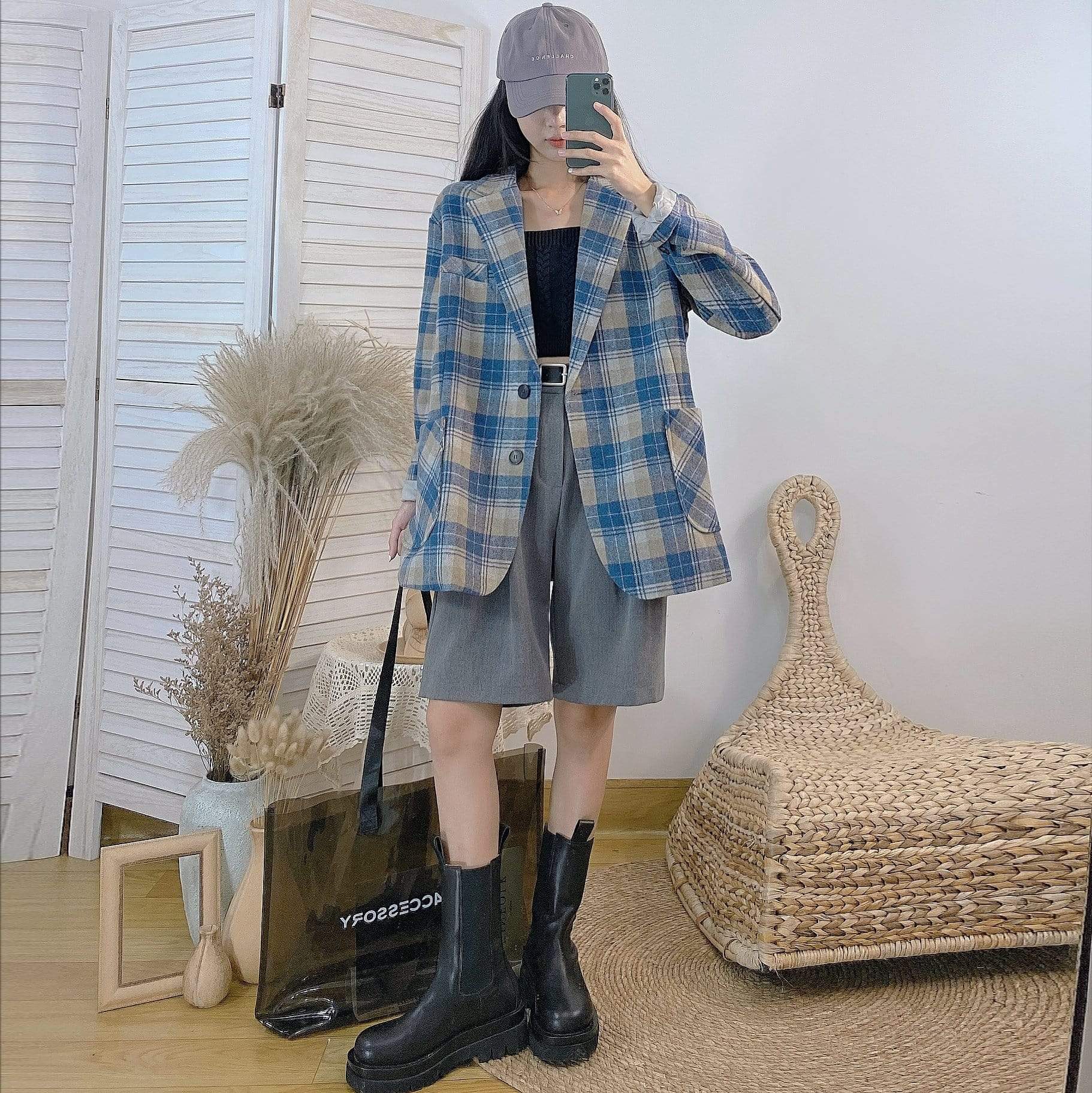 Abrigos a cuadros de moda coreana para mujer Kawaiifashion con dos bolsillos