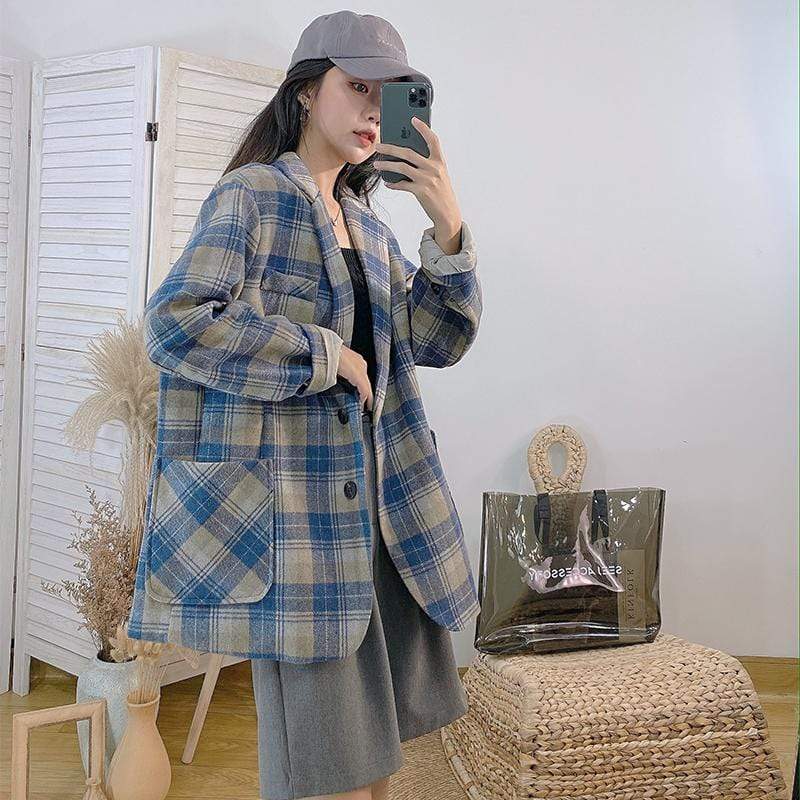 Cappotti scozzesi alla moda coreana da donna Kawaiifashion con due tasche