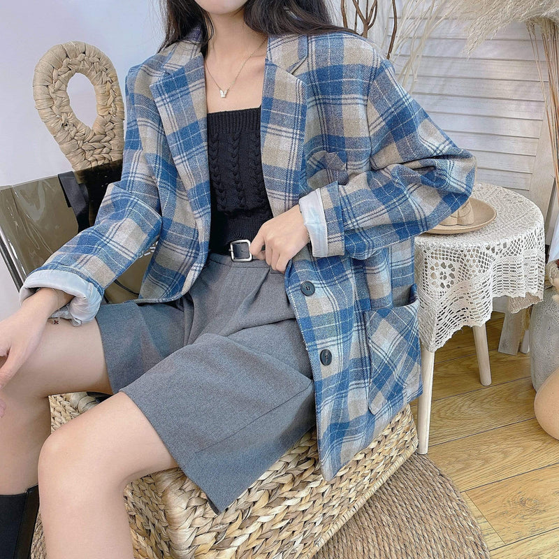 Kawaiifashion Women's Korean Fashion Plaid Coats With Two Pockets