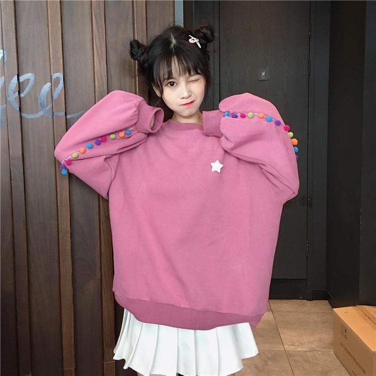Kawaiifashion Women's Korean Fashion Pure Color Coloful Poms Sleeved Sweaters