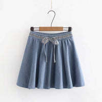 Kawaiifashion Women's Korean Fashion Pure Color Contrast Color Jean Short Skirts With Lace-up Bowknot