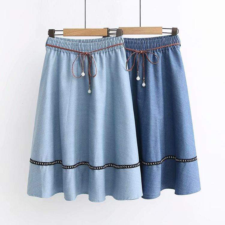 Kawaiifashion Women's Korean Fashion Pure Color Contrast Color Striped A-line Jean Skirts