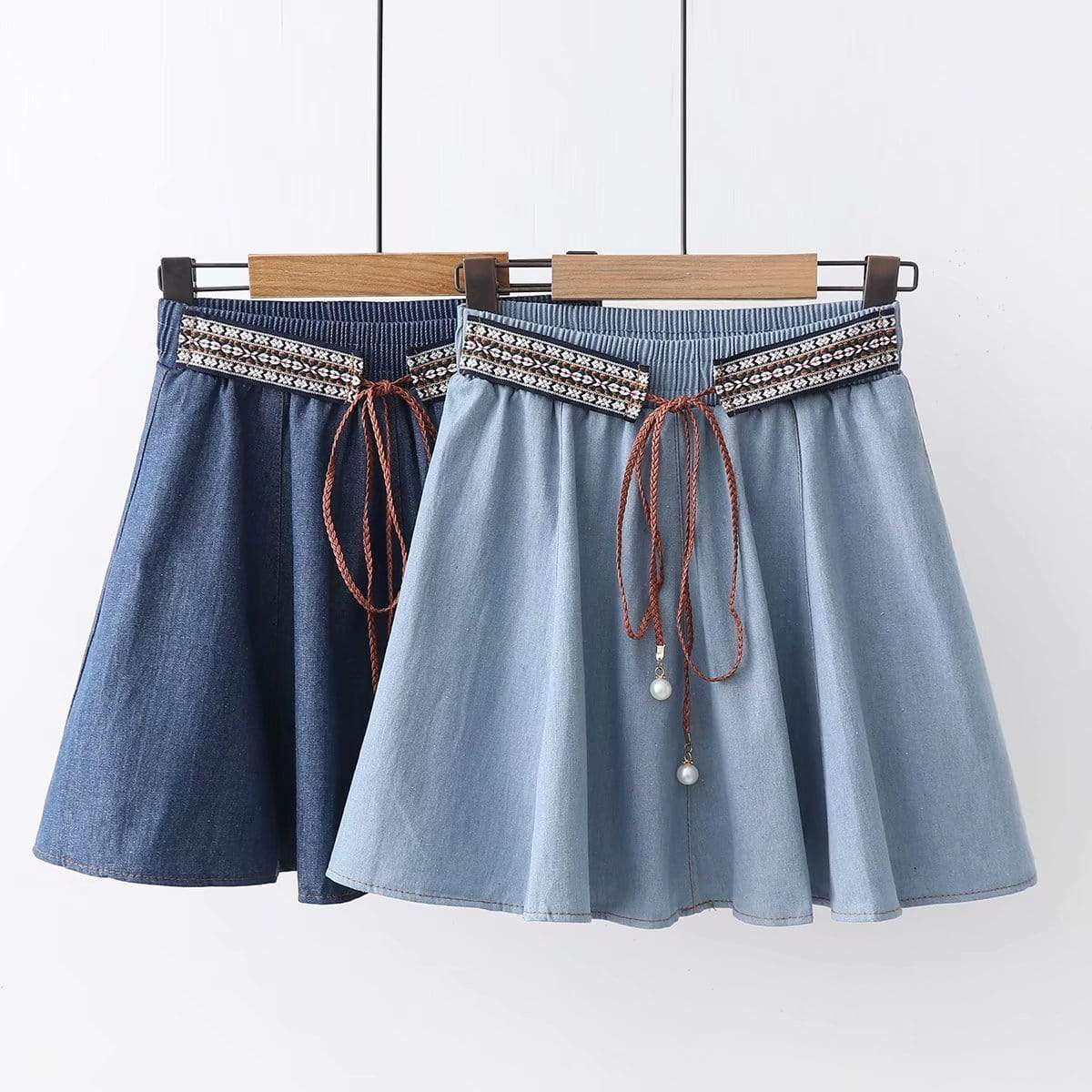 Kawaiifashion Faldas de jean cortas de estilo étnico de color puro de moda coreana para mujer con cinturón con cordones