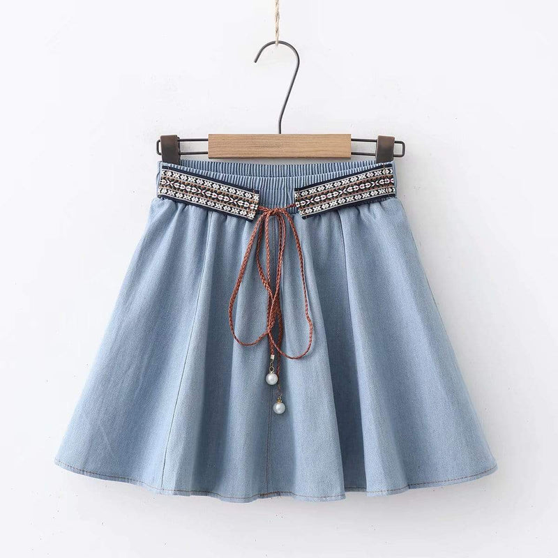 Kawaiifashion Women's Korean Fashion Pure Color Ethnic Style  Short Jean Skirts With Lace-up Belt