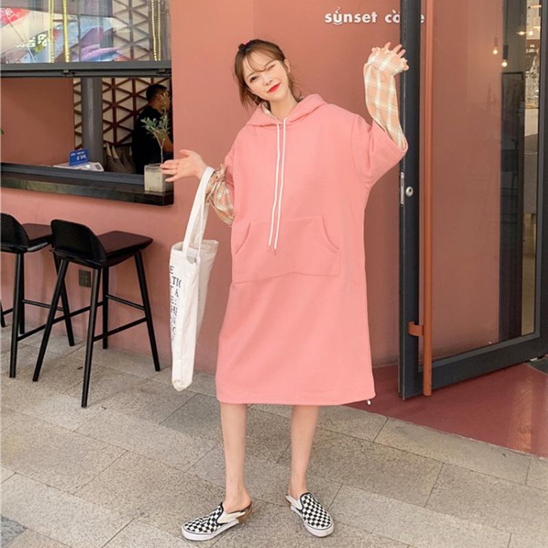 Kawaiifashion Women's Korean Fashion Pure Color Hoodied Dresses Splicing Plaid Shirts