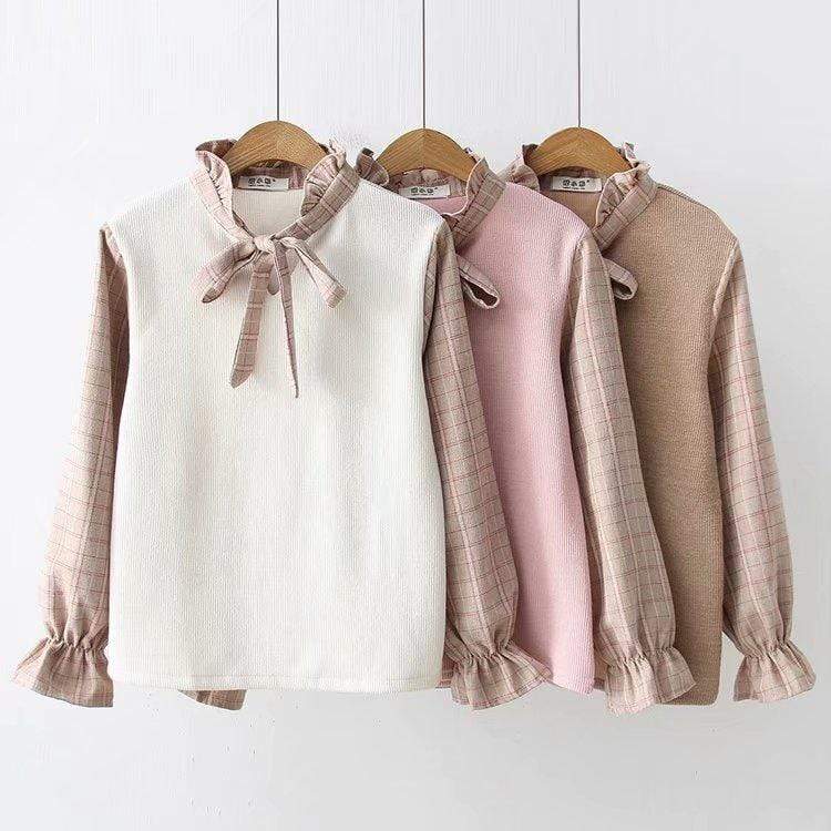 Kawaiifashion Women's Korean Fashion Pure Color Knitted Vests Splicing Bowknot Plaid Shirts
