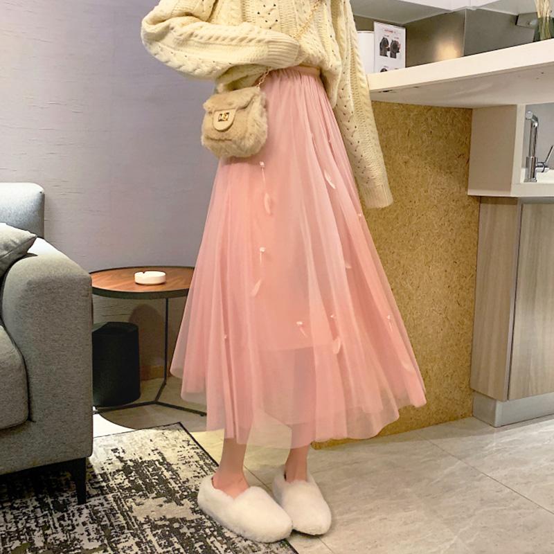 Kawaiifashion Faldas largas para mujer, color puro, de moda coreana