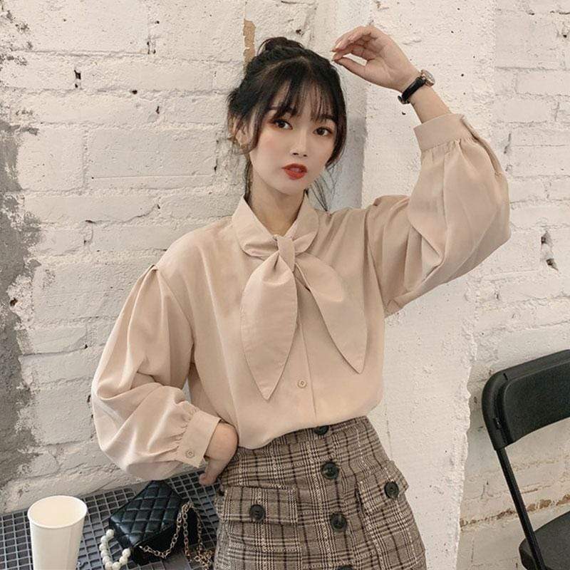 Kawaiifashion Women's Korean Fashion Pure Color Shirts With Bunny Ear Tie