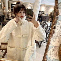 Kawaiifashion-abrigos de invierno con cuello levantado para mujer, moda coreana, Color puro