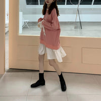Kawaiifashion Women's Korean Fashion Pure Color Sweaters Splicing Falbala Hem Dresses