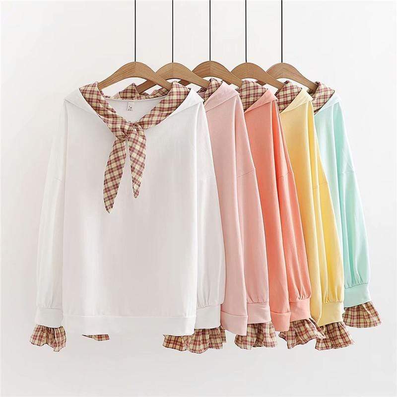 Kawaiifashion Women's Korean Fashion Pure Color Sweaters Splicing Plaid Shirts