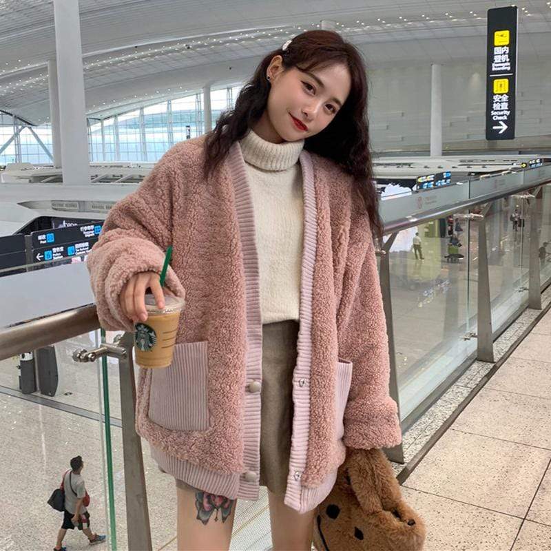 Abrigos de invierno con cuello en V de Color puro a la moda coreana para mujer Kawaiifashion