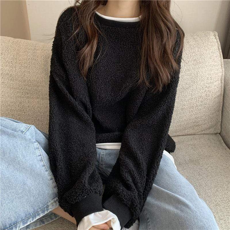 Kawaiifashion Women's Korean Fashion Pure Color Wool-like Sweaters Splicing T-shirts