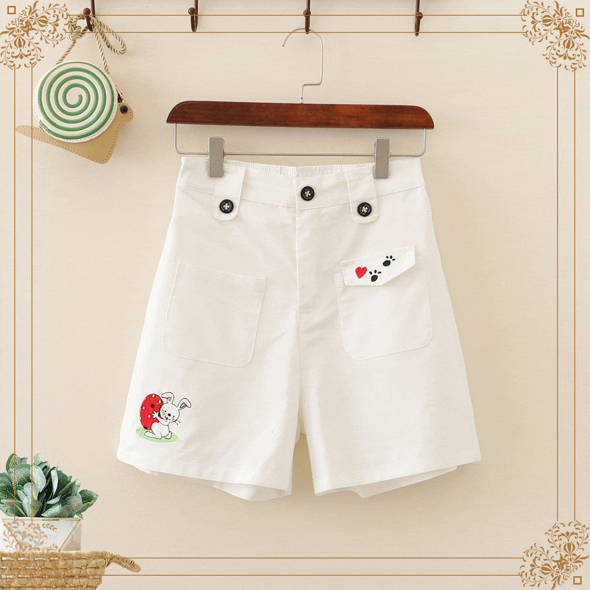 Kawaiifashion レディース韓国ファッションウサギ刺繍フィフスパンツ