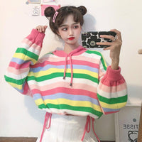 Women's Korean Fashion Rainbow-stripe Hooded Knitted Tops