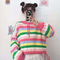 Top in maglia con cappuccio a righe arcobaleno moda coreana da donna