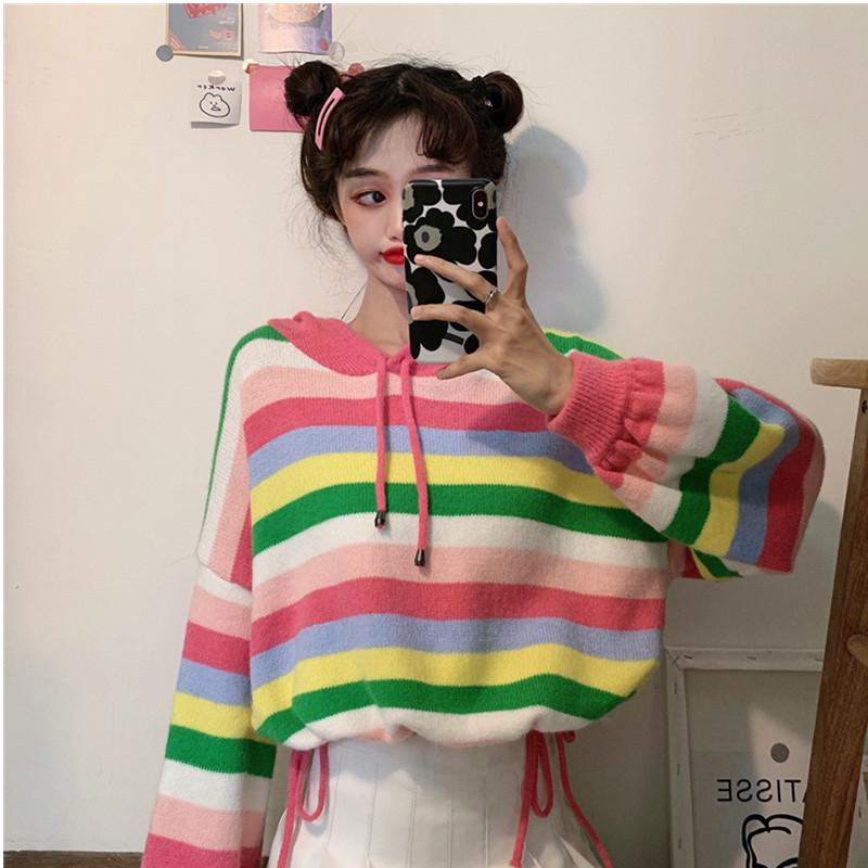 Women's Korean Fashion Rainbow-stripe Hooded Knitted Tops