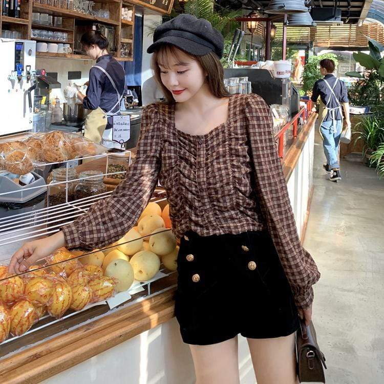 Women's Korean Fashion Ruffles Plaid Shirts