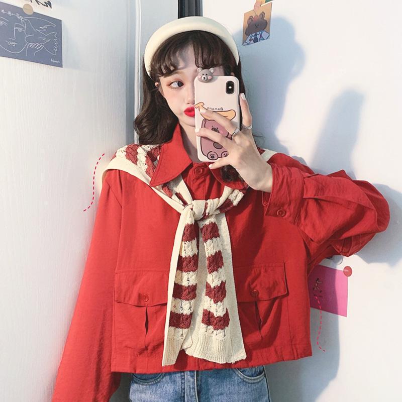 Camisas de color sólido de moda coreana para mujer con chal de kintted-Kawaiifashion