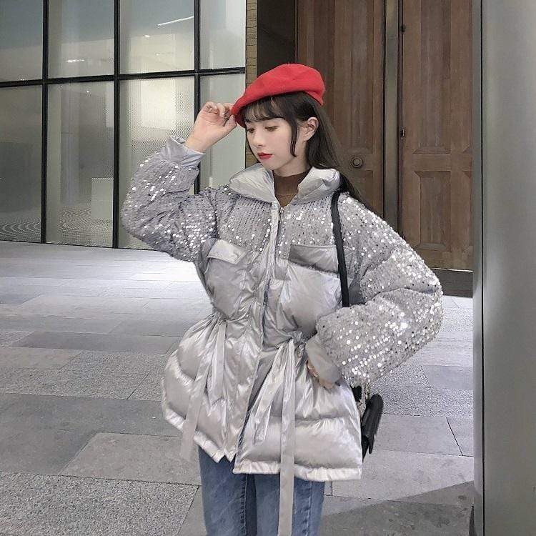 Kawaiifashion Abrigos de invierno brillantes con lentejuelas de moda coreana para mujer