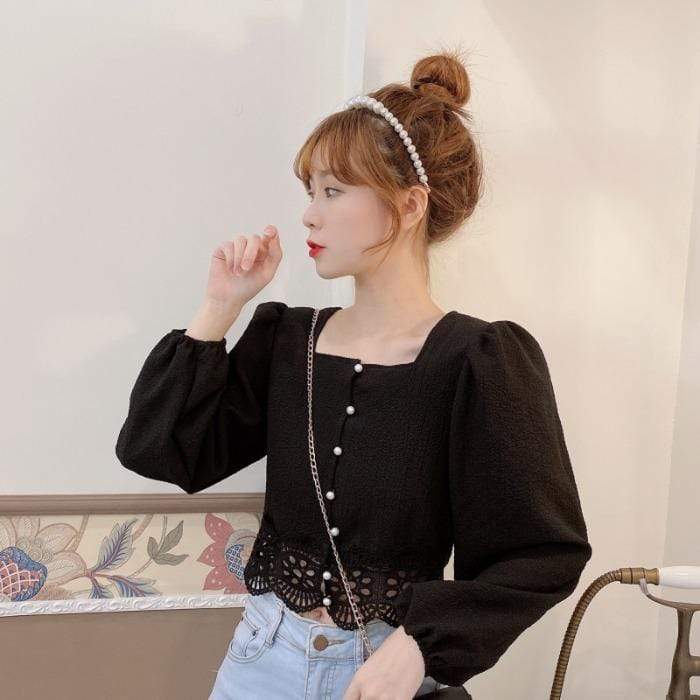 Chemises évidées à col carré de la mode coréenne pour femmes-Kawaiifashion