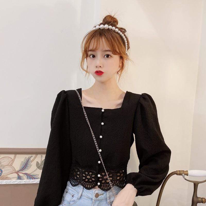 Women's Korean Fashion Square Collar Hollow Out Shirts-Kawaiifashion