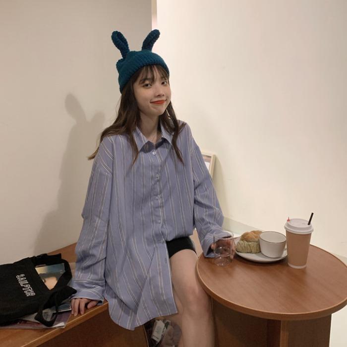 Chemises à rayures fines à col montant et à la mode coréenne pour femmes