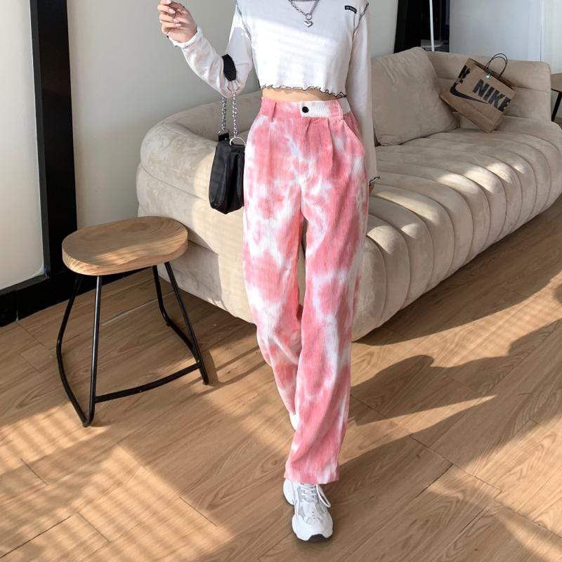 Kawaiifashion - Pantalones rectos con efecto tie-dye a la moda coreana para mujer
