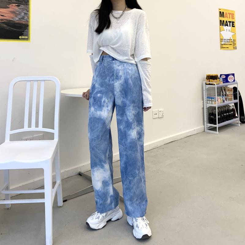 Kawaiifashion Pantalon droit Tie-dye à la mode coréenne pour femmes