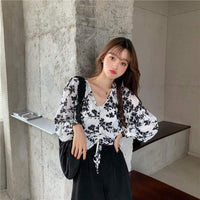 Camisas florales con cordón y cuello en V de moda coreana para mujer-Kawaiifashion