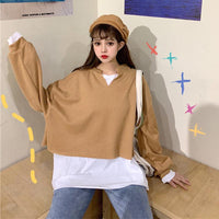 Women's Korean Fashion V-neck  Sweaters Splicing Pure Color Tees