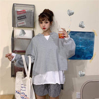 女性の韓国ファッション V ネック セーター スプライシング ピュア カラー T シャツ