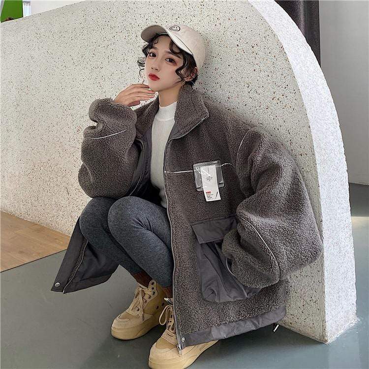 Abrigos sueltos con múltiples bolsillos tipo lana a la moda coreana para mujer Kawaiifashion