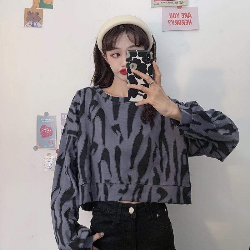 Suéteres cortos de manga larga con rayas de cebra de moda coreana para mujer