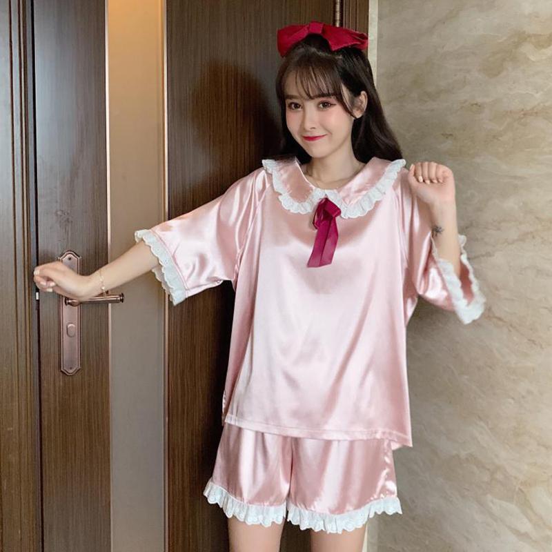Pijama rosa con volantes de encaje para mujer-Kawaiifashion