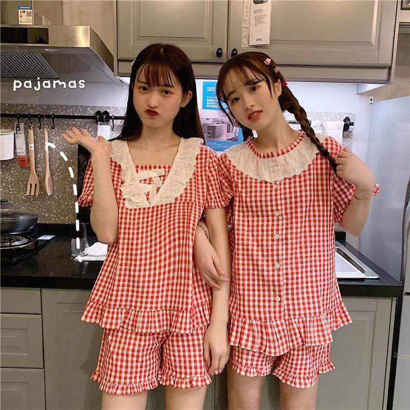 Damen-Pyjama mit Spitzenrüschen und Karomuster – Kawaiifashion