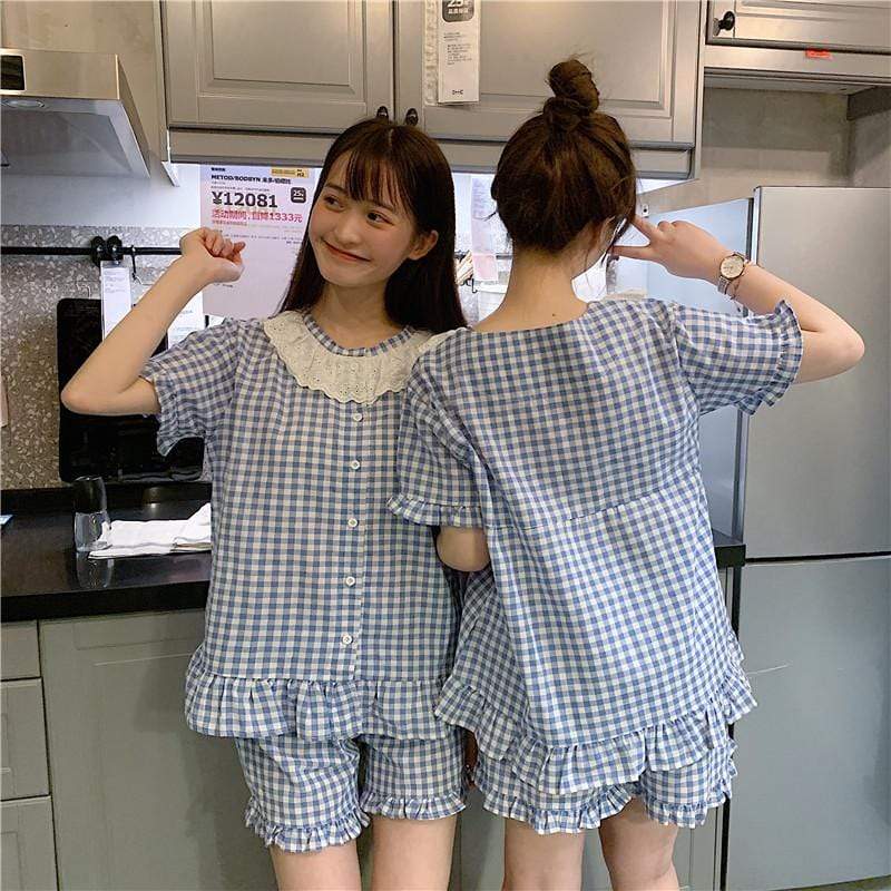 Women's Lace Ruffles Plaid Pajamas-Kawaiifashion